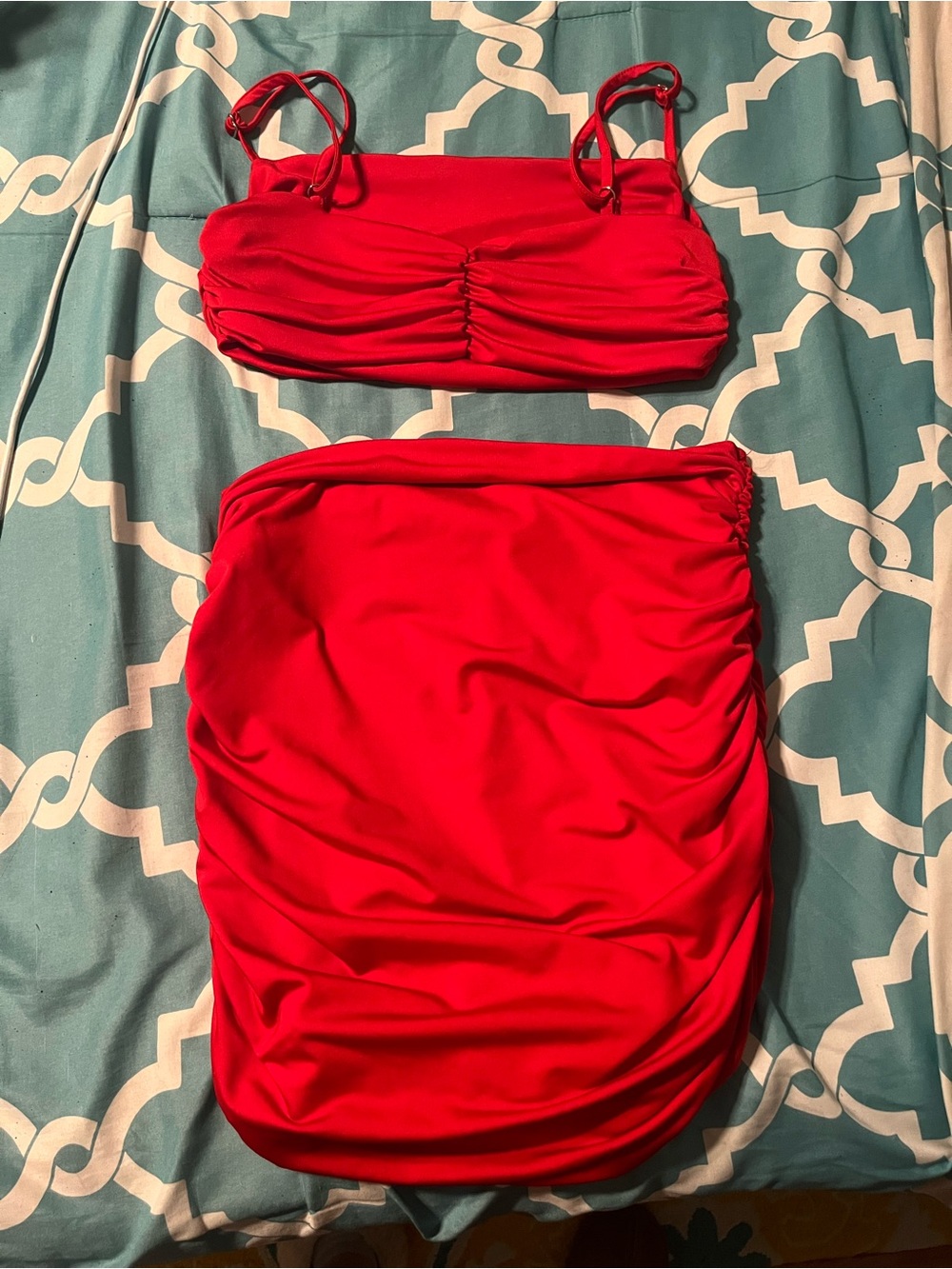 Red Ruched Bodycon Top and Skirt Combo